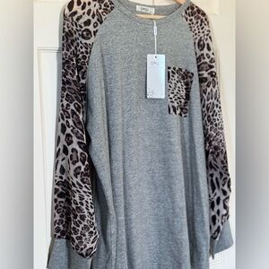 Animal Leopard Print Sheer Long Sleeve Gray Tshirt 2xl